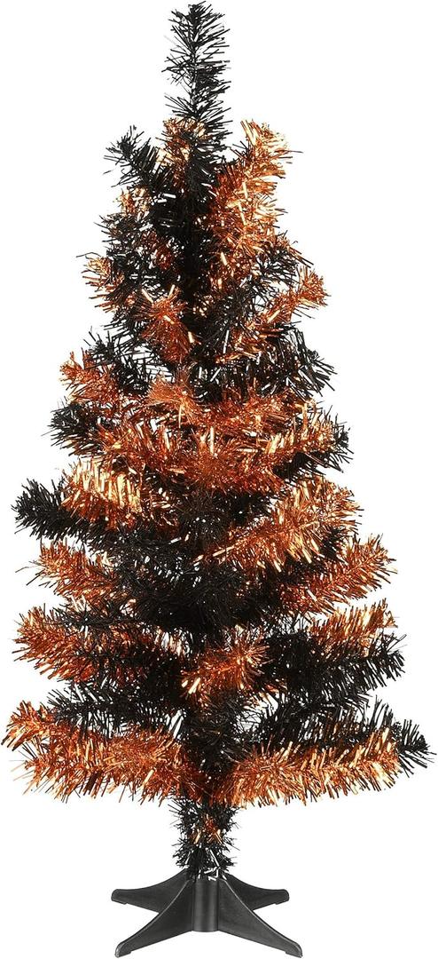 National Tree Company Tinsel Tree, Black, Orange, Halloween Collection, 24 in