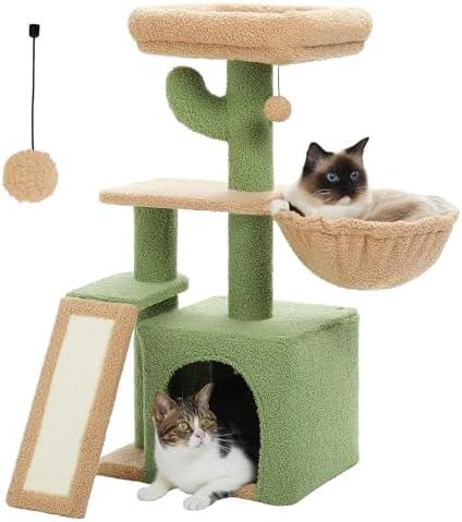PETEPELA Cactus Cat Tree for Indoor Cats, 32'' Small Cat Tower Cat Condo with Sisal Scratching Ramp, Cozy Hammock and Removable Top Bed Perch for Kittens, Green