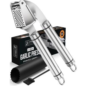 ORBLUE Garlic Press Stainless Steel - Premium Professional Grade Garlic Mincer, Crusher & Peeler Set - Easy Clean, Dishwasher Safe & Rust-proof (Ageless Silver)