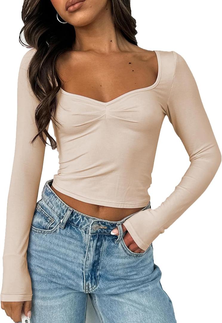 Women Sweetheart Neckline Basic Fitted Tops Long Sleeve Going Out Crop Tops Ruched T Shirts (Brown, M)