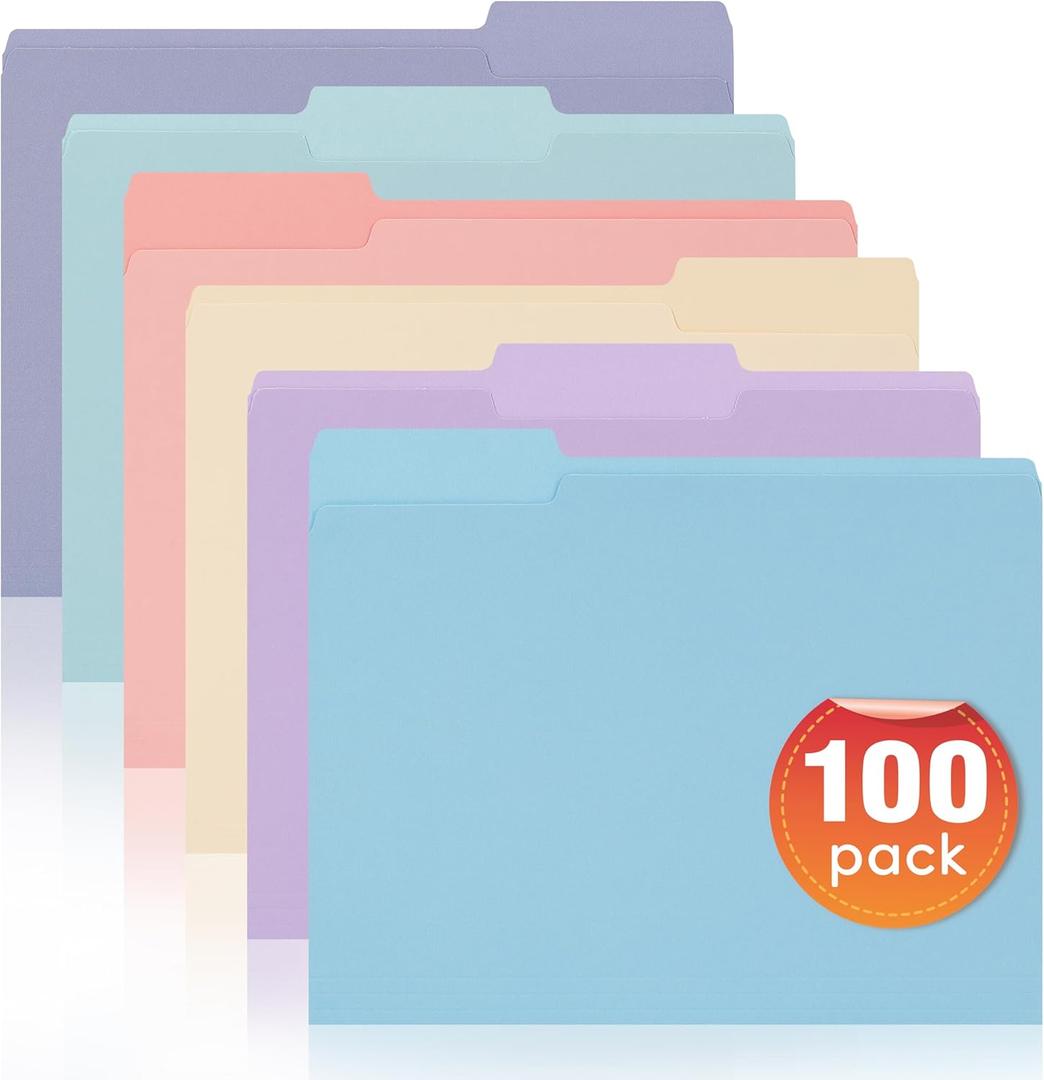 100 Packs File Folders Letter Size, 8.5 x 11 Colored File Folders 1/3 Cut Tab for Easy Labeling, for Home, Office, School Filing