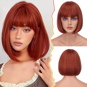 BARSDAR Short Bob Wig With Bangs - 12 Inch Short Copper Auburn Bob Wigs for Women - Natural Looking Soft Synthetic Hair Replacement Wigs Cosplay Halloween Party Wig- Copper Auburn
