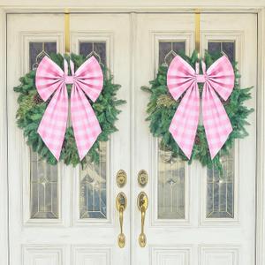 Suncalla 2 Pcs Pink Plaid Wreath Bow 19.6'' x 11.8'' Coquette Front Door Hanger Cute Bow Wreath Accessories Xmas Party Yard Doorway Indoor Outdoor Wall Decoration