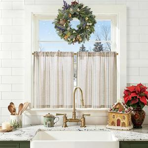 jinchan Colorful Striped Linen Kitchen Curtains 24 Inch Christmas Tier Curtains Farmhouse Modern Cafe Small Window Treatments Light Filtering Rod Pocket for Living Room Bathroom 2 Panels Multi Green