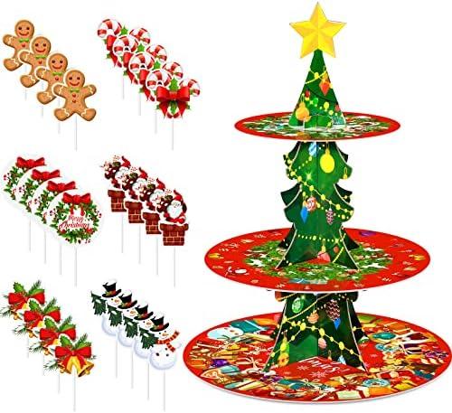 Christmas Cupcake Stand 3 Tier Christmas Dessert Stand Holder with 24 Pcs Cupcake Toppers Xmas Cake Tower Tray Cardboard Pastry Serving Tray Stand for Xmas New Year Party Decoration Supplies Christmas Cupcake Stand 3 Tier Christmas Dessert Stand Holder with 24 Pcs Cupcake Toppers Xmas Cake Tower Tray Cardboard Pastry Serving Tray Stand for Xmas New Year Party Decoration Supplies
