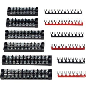 MILAPEAK Terminal Block and Strip - 6 Sets 8/10/12 Positions 600V 25A Dual Row Wire Screw Terminal Strip Block with Cover + 400V 25A Pre-Insulated Terminals Barrier Strips Jumpers (Black & Red)