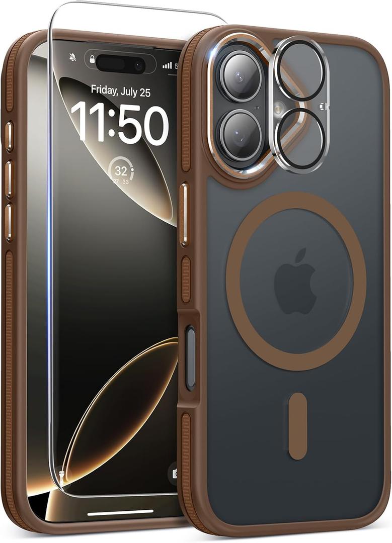Magnetic 3 in 1 for iPhone 17 Case, [Omni-Directional Protection] with 1x Screen Protector + 1x Camera Cover, [Seamless Work with Magsafe] Translucent Protective Silm Phone Case for iPhone 17 Brown