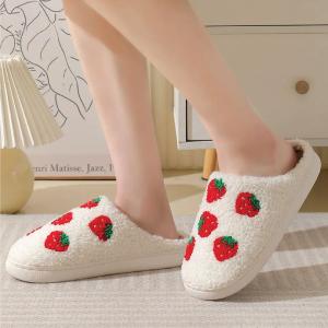 FOCUSIN House Slippers for Women Cute Plush Strawberry Slippers Memory Foam Slippers Retro Anti-Slip Home Shoes (Strawberry, Adult, Women, 7.5, Numeric, US Footwear Size System, Medium)
