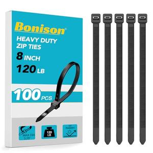 Zip Ties 8 inch Heavy Duty Zip Ties with 120 Pounds Tensile Strength, Black Cable Ties for Multi-Purpose Use, Self-Locking UV Resistant Nylon, 100 Pcs