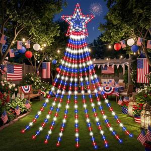 Huquary 12 ft 4th of July Star Waterfall String Lights 250th Anniversary Independence Day Decor Red White Blue Outdoor String Lights with 8 Modes Lighted for 4th of July Memorial Day Patriotic Party