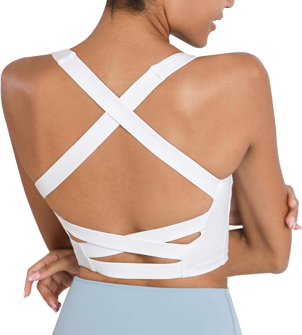 romansong Strappy Yoga Sports Bras for Women Padded Criss-Cross Back Tank Tops (Small, White)