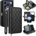 OCASE for iPhone 17 Pro Max Crossbody Detachable Wallet Case, PU Leather Handbag Phone Purse with Zipper Closure, Card Slots & RFID Blocking, Wrist Strap, Lanyard, Kickstand, Diamond Check Black