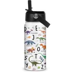 Alphabet Dinosaur Water Bottle for Boys, 16oz Kids Stainless Steel Insulated Water Bottle with Straw Lid, Dinosaur Dino Cup Tumbler Gifts for School