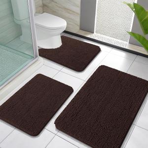 OLANLY Bathroom Rugs Sets 2 Piece, Soft Absorbent Chenille Bath Mats and U-Shaped Contour Toilet Rug, Quick Dry, Home Decor Accessories, Bath Mat Set for Bathroom (30"x20"+24"x16"+24"x20", Brown)