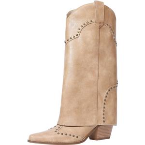 Women Shark Boots Knee High Cowboy Cowgirl Fold Over Chunky Heel Snip Toe Pull On Studded Boots for Women 8