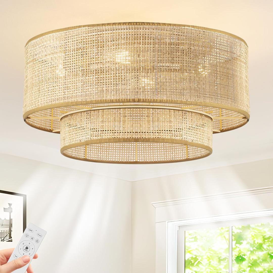 Boho Caged Ceiling Fans with Lights,Rattan Fandelier Ceiling Fans with Lights and Remote Control, Coastal Enclosed Flush Mount with Reversible 6 Speeds for Bedroom Dining Room Kitchen (gold3)