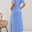 MEROKEETY Women's 2026 Summer Casual Maxi Dress Spring Beach Vacation Short Sleeve Crewneck Split Midi T Shirt Dresses (S)