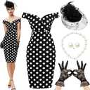 JenPen 5 Pcs Tea Party Dresses Vintage Rose Polka Dot Dress 1950s Derby Pencil Bodycon for Women Ladies Party Attire(Medium,Fresh,White Black)