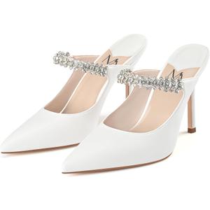 MIRAAZZURRA Women Heeled Mules Rhinestone Strappy Pointed Toe Mules Stiletto High Heels Slip On Bridal Sandals for Women 9