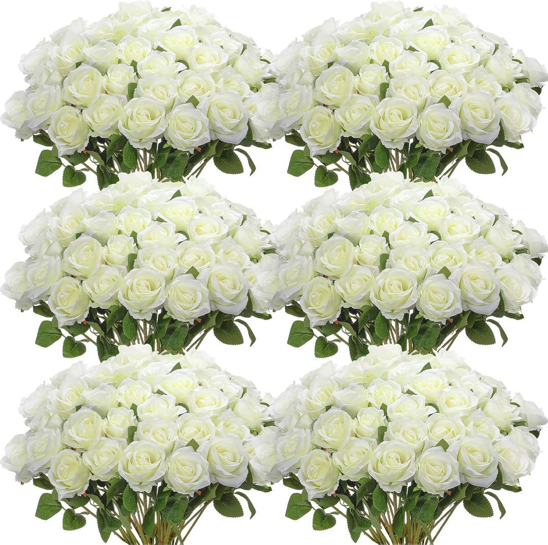 Jexine 50 Pcs Artificial Rose Flower Bulk Realistic Silk Fake Roses with Long Stem Plastic Artificial Flower Bouquet Real Looking for Home Wedding Centerpieces Party Decoration(White)