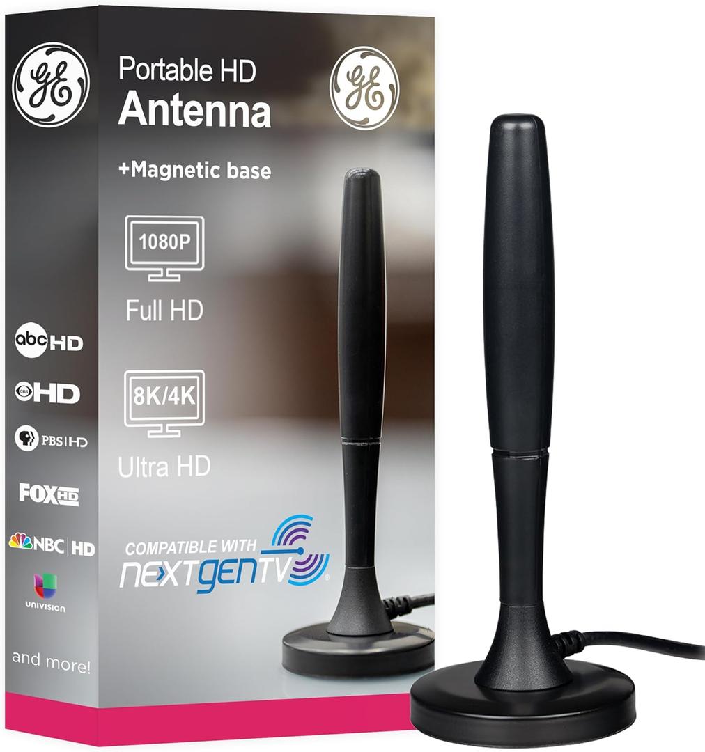 GE Portable HD TV Antenna, Indoor Digital Antenna for 1080p 4K 8K, VHF UHF Channels, 20 Mile Range, Magnetic Base, Compact Travel Design for RV, Camping, Tailgating, Black, 81843