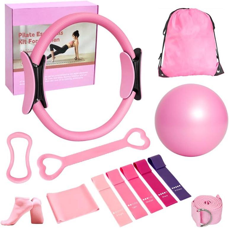 Home Pilates Essentials Kit for Women, with 5 Resistance Bands - Magic Circle Pilates Kit for Home Toning, Includes Yoga Ball, Stretch Strap & Gym Bag (13-Piece Complete Starter Set) (Pink)