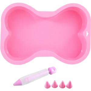 HINMAY Dog Birthday Cake Mold Silicone Bone Shape Cake Pan with Decorating Pen (Pink, 10")