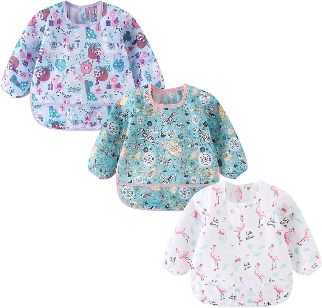 3 Pack Long Sleeve Bib,Baby Smock for Eating 6-30 Months Reusable Shirt Bibs for Babies Toddler