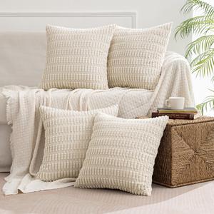 MIULEE Pack of 4 Cream White Corduroy Christmas Decorative Throw Pillow Covers 18x18 Inch Soft Boho Striped Pillow Covers Modern Farmhouse Home Decor for Sofa Living Room Couch Bed (18" x 18" (Pack of 4), Cream White)