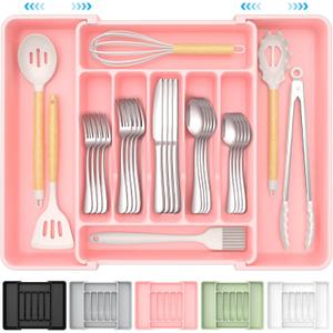 Extra Large Expandable Silverware Organizer, BPA-Free Food-Safe Cutlery Flatware Organizer, Kitchen Utensil Drawer Organizer, Adjustable Silverware Holder for Spoons Forks Knives, Pink