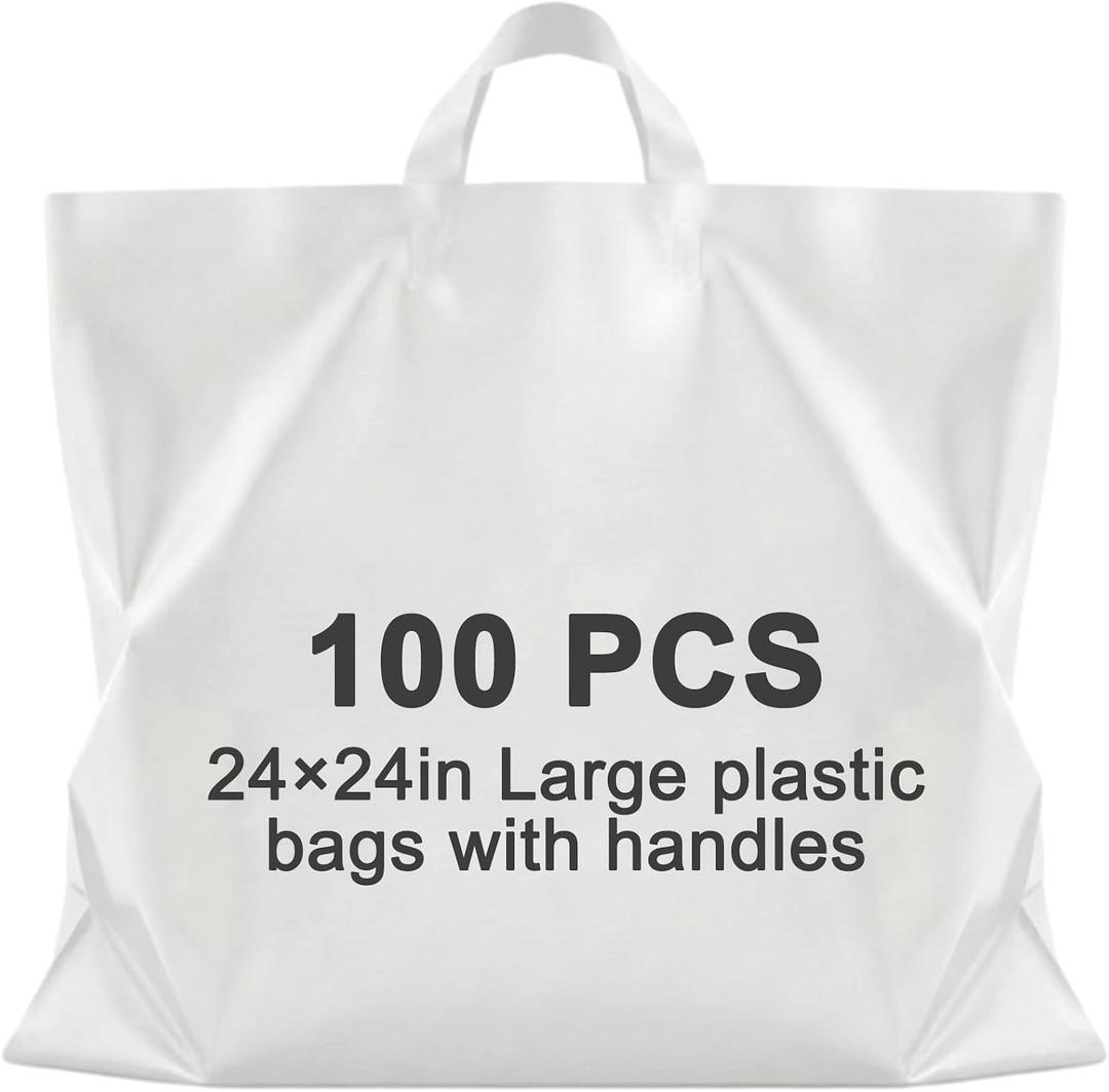 Qilery 100 Pack 24" x 24" Large White Plastic Shopping Bags with Handles Reusable Merchandise Gift Bags Bulk for Small Business Merchandise Retail Grocery Packaging Gift Giving