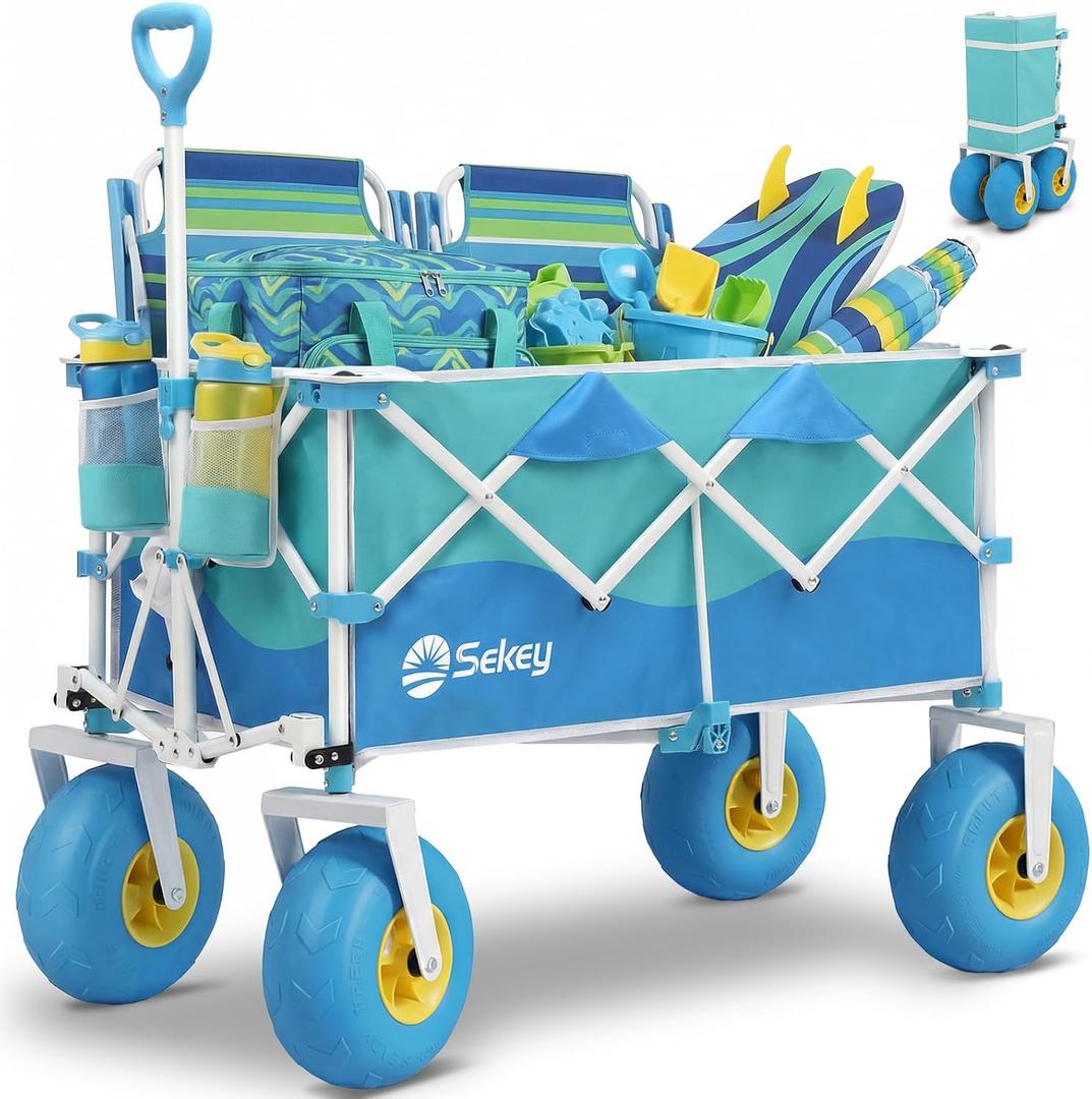 Sekey Heavy Duty Beach Wagon with 9" Big Sand-Proof Wheels – 600lb Capacity, 200L Oversized Foldable Cart | Adjustable Handle & All-Terrain Tires for Sand, Camping, Groceries