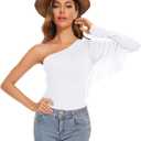 American Trends Women's Fringe Trim One Shoulder Long Sleeve Body Suits Concert Outfits Long Sleeve Bodysuit Tank Top (Medium, 02 Shoulder White)