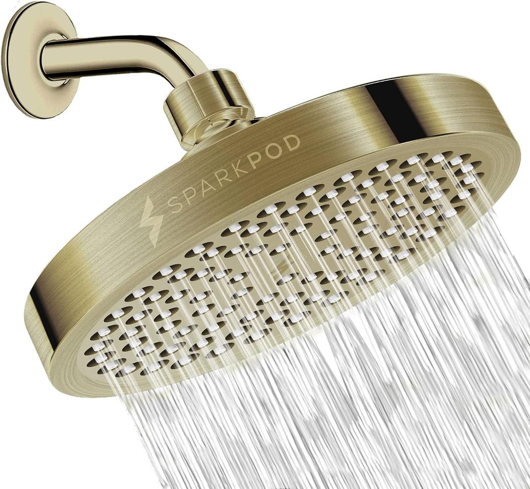 SparkPod Shower Head - High Pressure Rain - Premium Quality Luxury Design - 1-Min Install - Easy Clean Adjustable Replacement for Your Bathroom Shower Heads (Polished Antique Brass, 6 Inch Round)