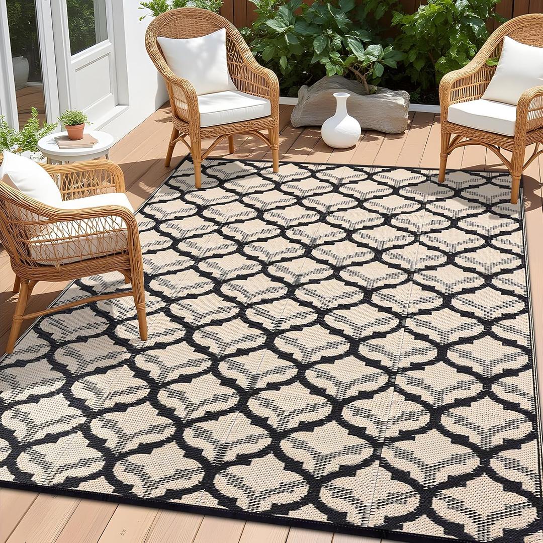 OLANLY Reversible Outdoor Rug 9x12 ft Clearance, Waterproof Outdoor Plastic Straw Rug with Interlacing Pattern, RV Mat for Patio, Camping, Balcony, Deck, Backyard, Black & Beige (9' x 12', Black & Beige)