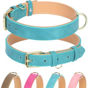 Leather Dog Collar for Small Medium Large Dogs, Soft Padded Dog Leather Collar with Heavy Duty Gold Buckle, Durable & Comfortable for Large Dogs Daily Walking (Teal, L) (L:Neck 15-20.5, Width 1.0)