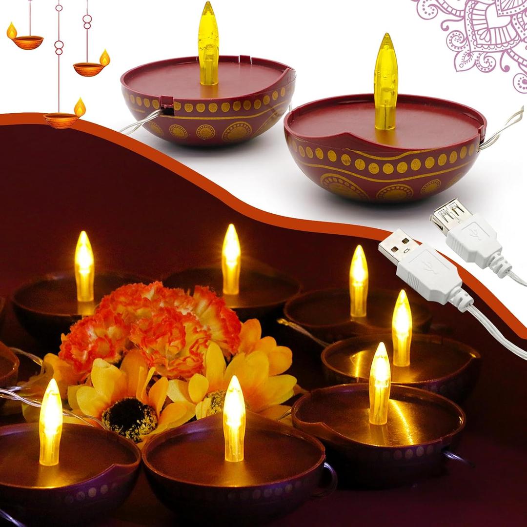 alikiki Diwali Diyas String Lights Decor - 10 LED Diyas Lights USB Operated Indian Pooja Room Home Office Mandir Puja Gifts Hindu Wedding Light