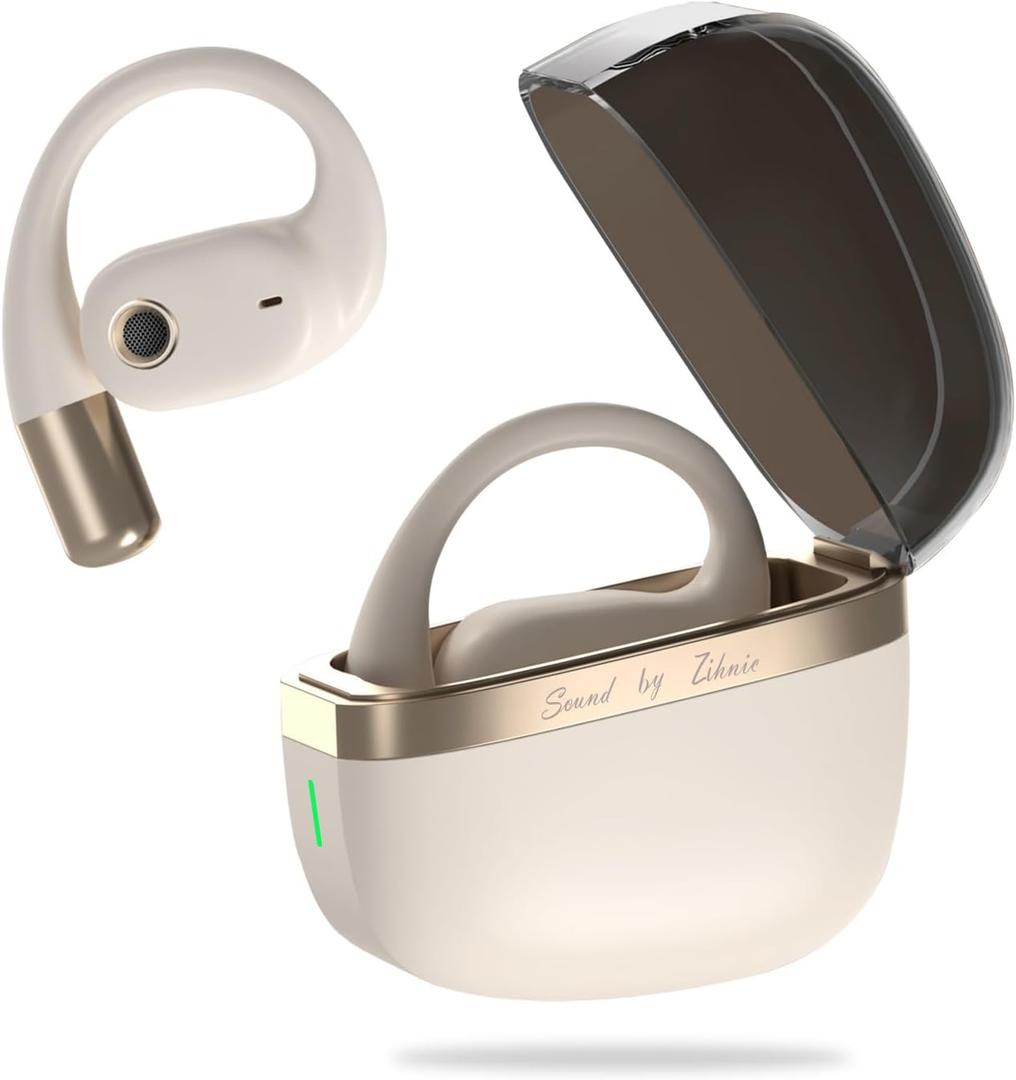 ZIHNIC True Wireless Open Ear Headphones with Mic,Bluetooth Earbuds with Earhooks,XP5 Sweatproof,Fast Charging,35Hrs Playtime,Compatible with Anyphone-Beige