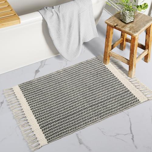 Lahome Boho Bathroom Rugs, Small 2x3 Entry Rug Washable Front Door Bath Mat Woven Cotton Area Rug with Tassels, Farmhouse Non Shedding Lightweight Grey Throw Rug Low Pile Carpet for Kitchen