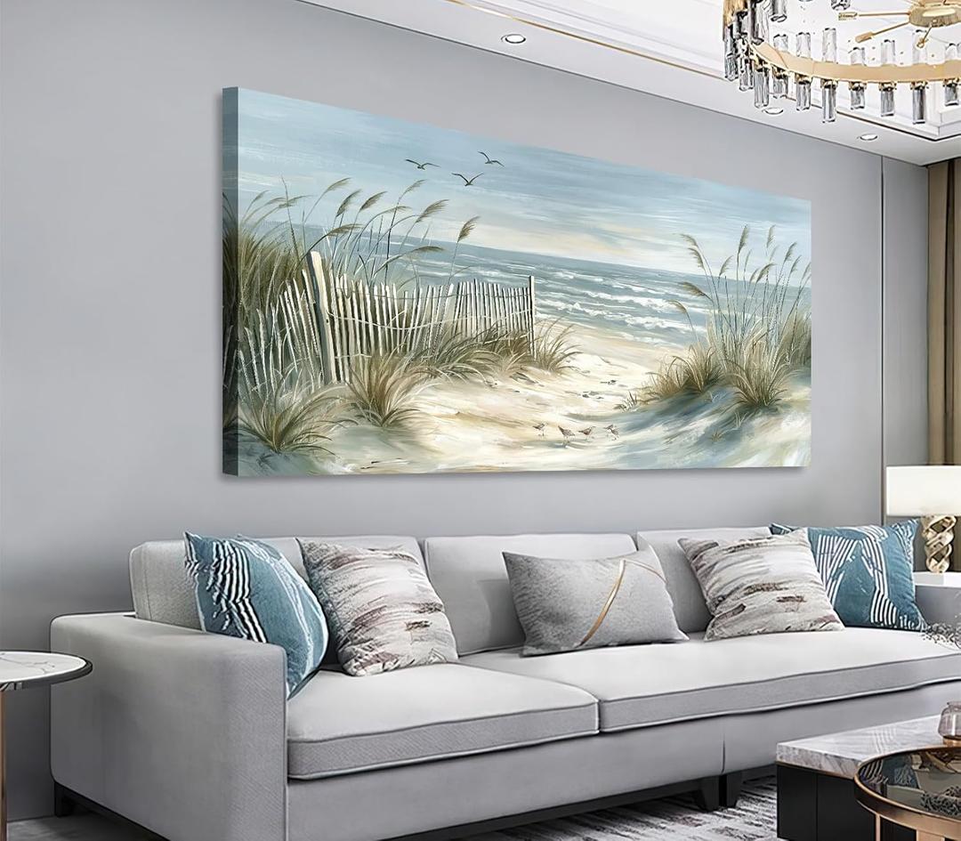 Shoci Sea Beach Wall Art - Large Blue Ocean Seagull Canvas Pictures for Living Room Aesthetic Beach Birds Reed Painting Prints Modern Coastal Seascape Artwork Wall Art for Bedroom Decoration 24" X 48"