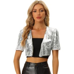 Allegra K Sequin Cardigan for Women Puff Sleeve Open Front Jacket Halloween Sparkly Glitter Cropped Shrug Bolero X-Small Silver