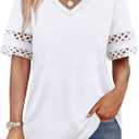XIEERDUO Womens Summer Tops Dressy Casual Blouses for Women V Neck Short Sleeve Shirts Fashion Clothes Curved Hem Flowy (White, L)