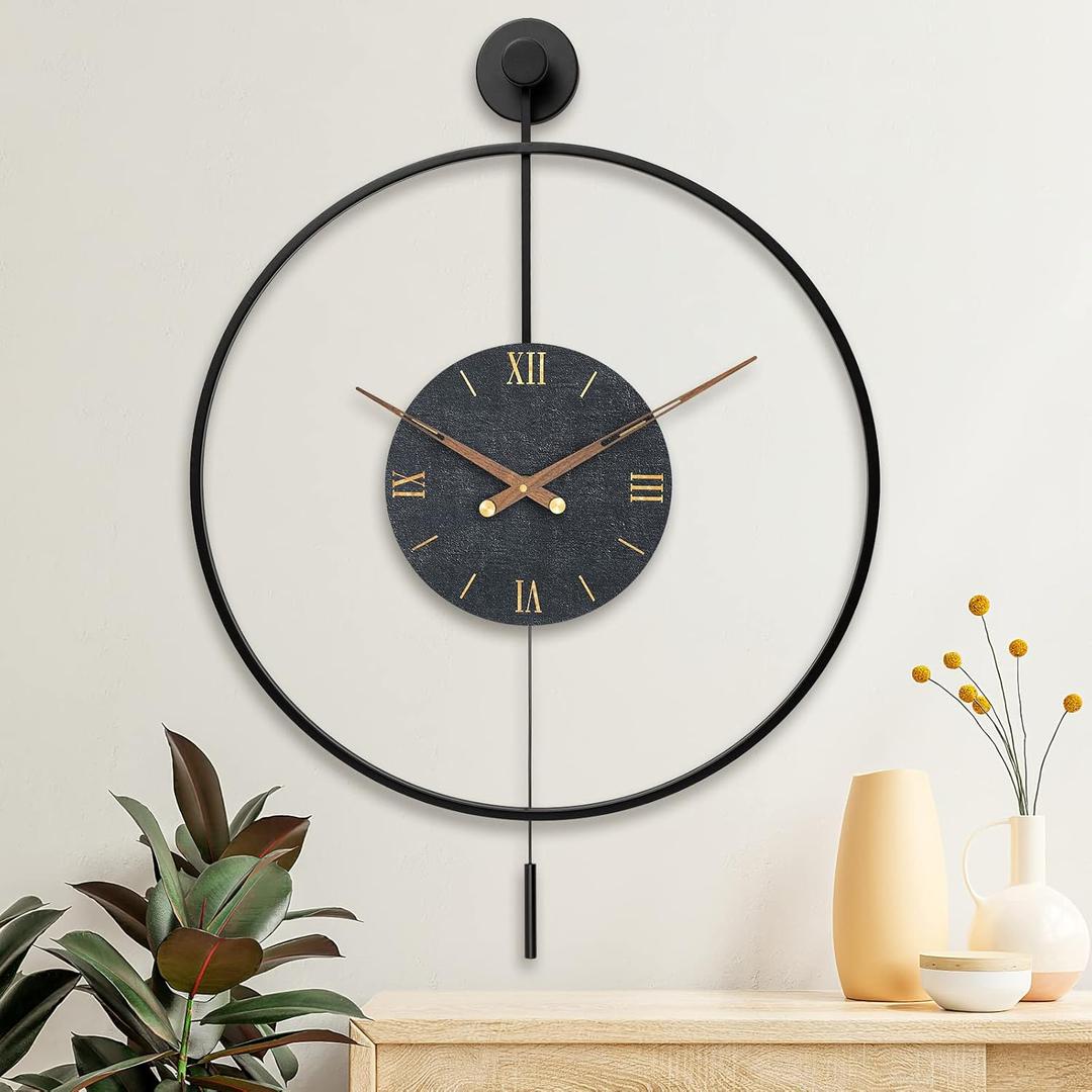 Large Modern Wall Clock,Wall Clocks for Living Room Decor,Classical Silent Metal Minimalist Walnut Dial,Big Decorative Farmhouse Pendulum Wall Clock With Walnut Pointers for Office,Dining Room (2433.1 inch, Black)