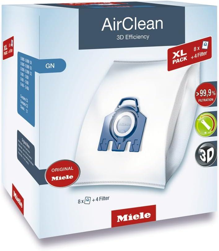 Miele Genuine GN HyClean Air XL Pack Vacuum Cleaner Bags for Miele Complete C2, Complete C3, Classic C1, S8, S5 & S2 Vacuum Cleaners, Pack of 8 Vacuum Bags and 4 Filters