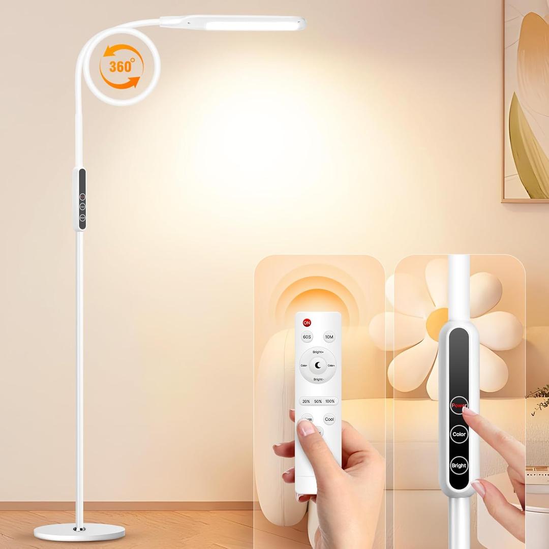 Syrinx LED Floor Lamp, 12W Remote & Touch LED Reading Standing Light for Living Room Bedroom, Flexible Gooseneck Task Light, 5 Color Temperatures, 5 Level Brightness - White (White+Single Head)