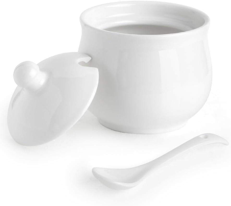 Ceramic Sugar Bowl with Lid and Spoon, Porcelain Salt Storage Jar, White Seasoning Container for Home and Kitchen, 7 Ounces (White)