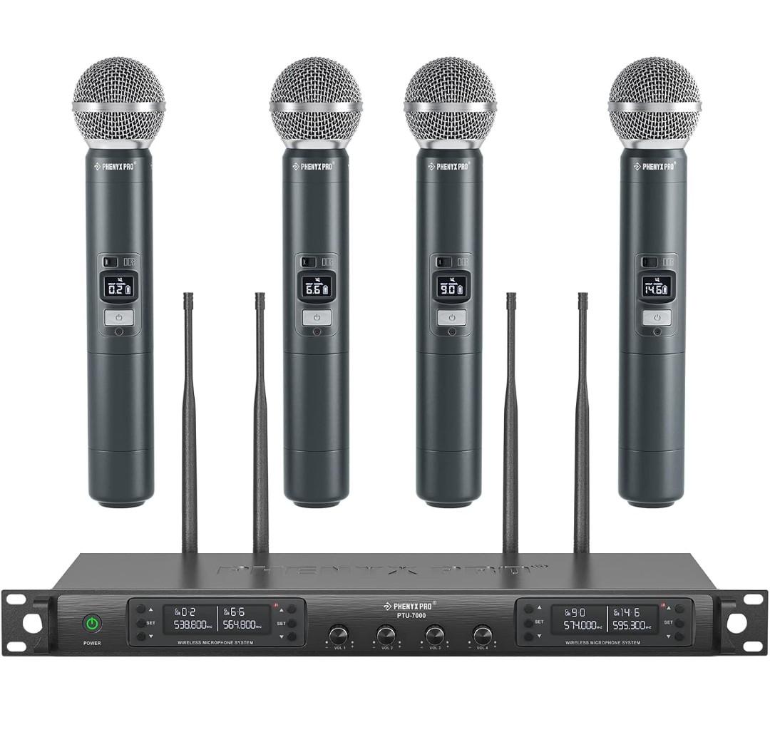 Phenyx Pro Wireless Microphone System, Quad Channel Wireless Mic, w/ 4x40 UHF Frequencies, Auto Scan, 328ft Long Range, 4 Handheld Dynamic Microphone for Singing, Church, Karaoke (PTU-7000-4H)