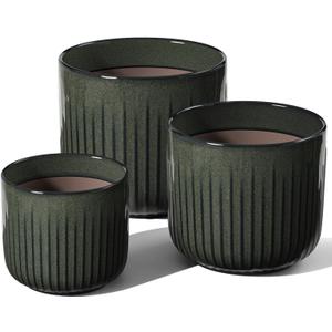LE TAUCI Fluted Ceramic Pots for Plants, 8.3/7/6 Inch Indoor Planters with Drainage Holes & Mesh, Modern Glossy Glaze Cylinder Plant Pot for Snake Plant, Set of 3, Dark Olive