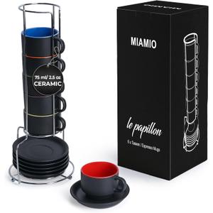 MIAMIO - 2.5 oz Espresso Cup Set with Saucers Coffee Mug Set of 6 - Ceramic Coffee Mug Stackable Espresso Mug with Stand for Coffee Drinks, Latte, Cafe Mocha - Le Papillon Collection (Colorful)