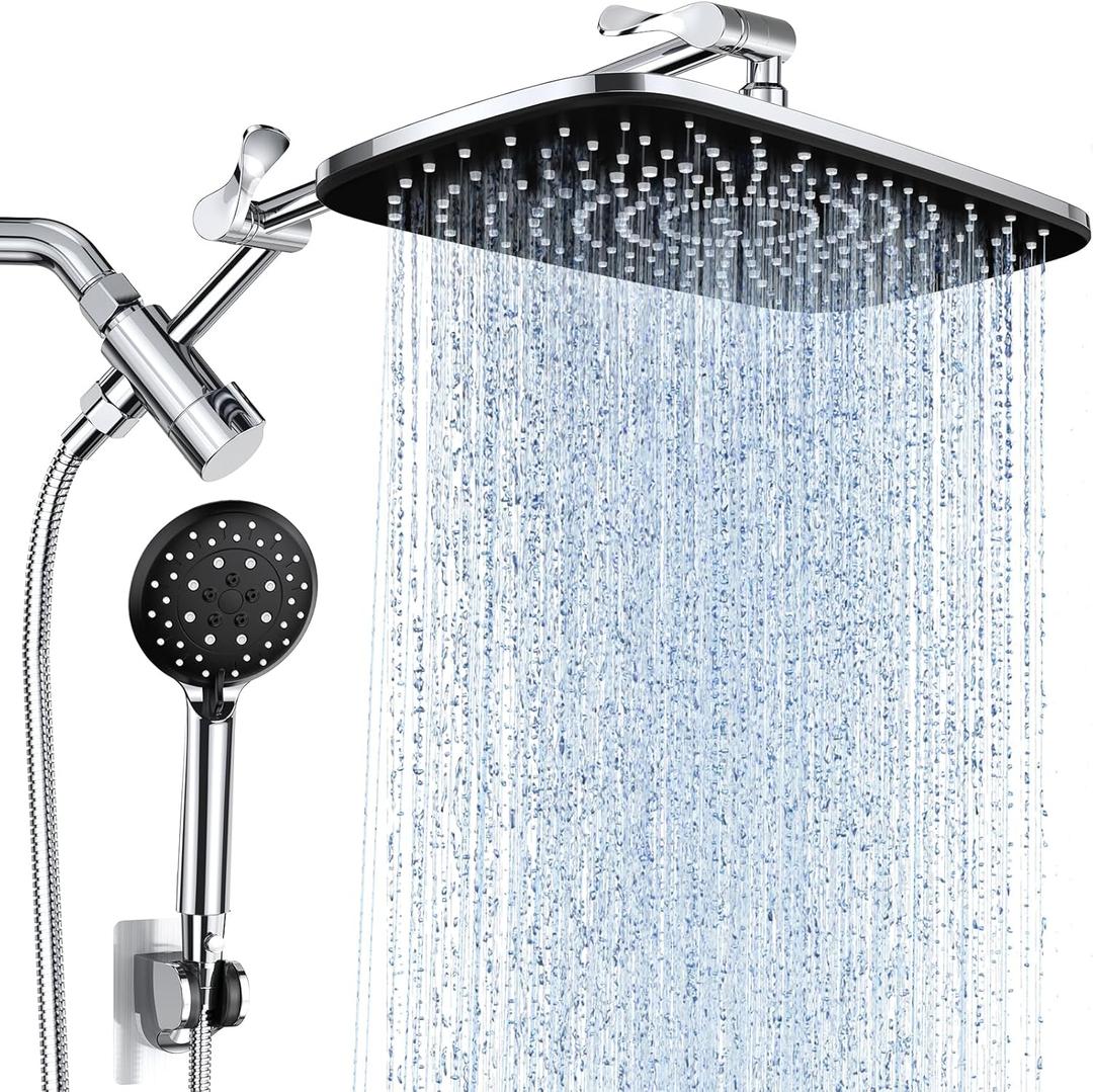 Veken Wide High Pressure Rain Shower Head with Handheld, Handheld Shower Heads with Multi Spray Modes, Rainfall Combo with 15" Metal Extension Arm, Detachable Dual Shower, 1.8GPM, Chrome Silver